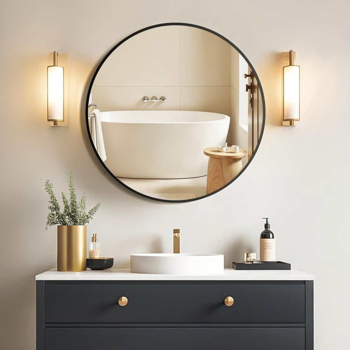 SnelShoppen - Ronde Wandspiegel 50 cm Zwart, HD Spiegelglas, Aluminium Frame, Moderne Badkamerspiegel - Hangend of Lijmen - Decoratieve Spiegel voor H