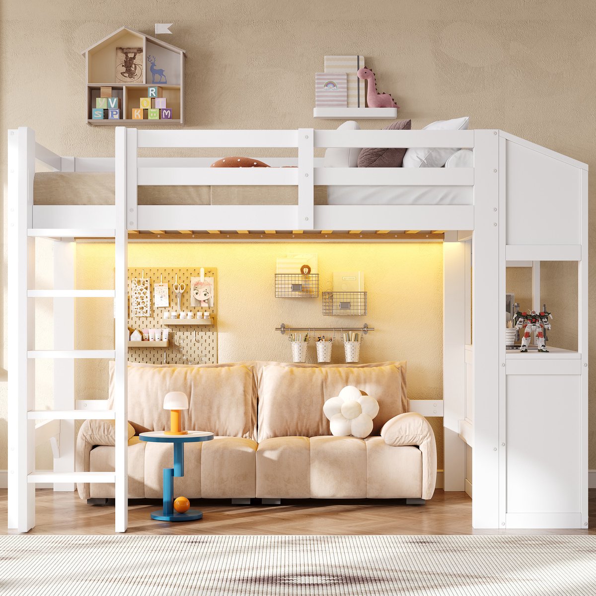 Kinder Hoogslaper 90x200 cm - Wit Bed Met Laden, Opbergruimte, Planken En LED Lamp