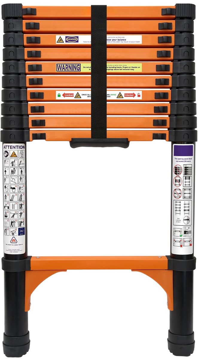SnelShoppen - 3,2m Telescoopladder - Inklapbare Uitschuifbare Ladder met Stabilisator - Draagbare Antislip Meerdoeleindige Ladder voor Huis, Tuin, Cam