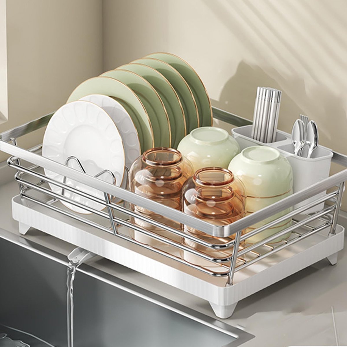 Dailygoods - Ruimtebesparend afdruiprek met afdruipbak - Voor servies en bestek