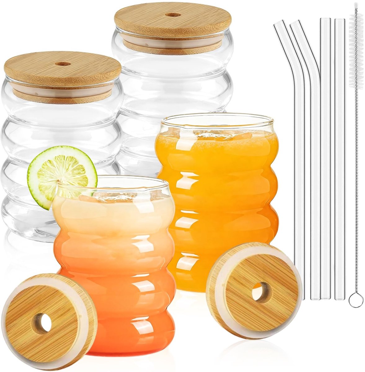 Dailygoods - 4-delige Set Ribbelglazen met Deksel en Rietjes - Vintage, 350ml