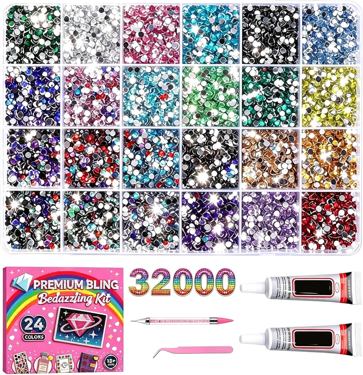SnelShoppen - Bedazzling Kit met 32000 Diamantsteentjes 3mm, Harsgelei met Platte Achterkant, Inclusief Lijm en 3 Gereedschappen voor Creatieve Kledin