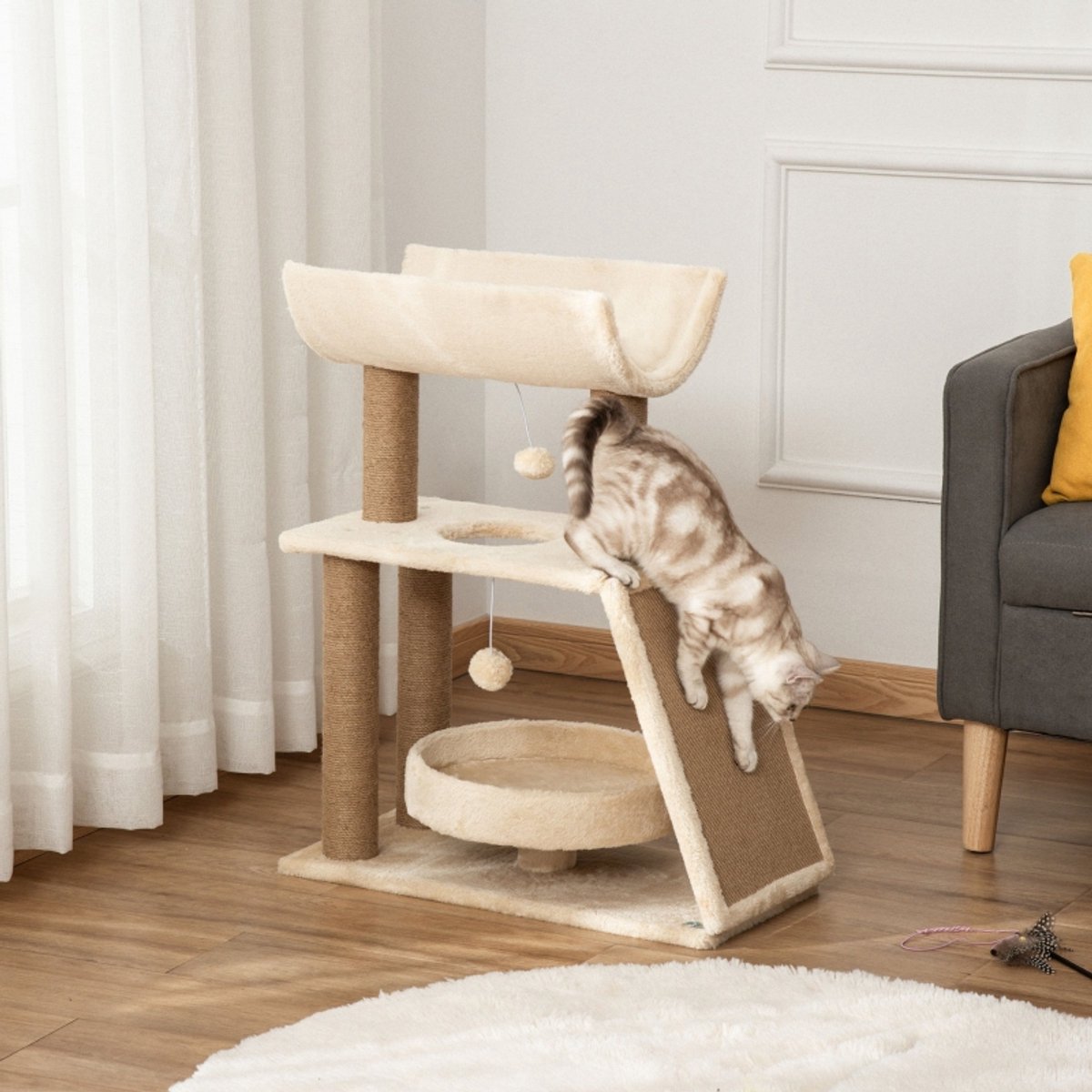 FloraGrace Krabpaal – 60 x 30 x 76 cm – Met Kattenbed En Speelgoed – Pluche En Sisal – Naturel – Voor Krabben Klimmen En Rusten