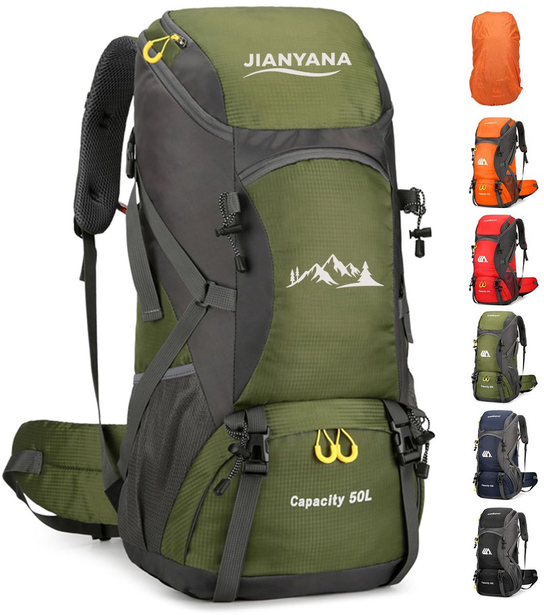 SnelShoppen - Trekkingrugzak 50L Waterdicht Groen met Regenhoes voor Heren en Dames - Ideaal voor Wandelen, Camping, Outdoor Avonturen