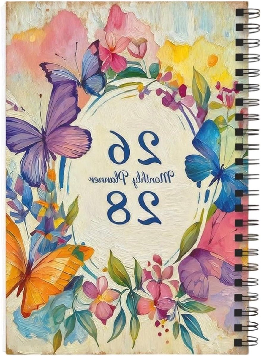 Maandplanner 2026-2028 - Kalender agenda - Dagelijkse planning - Hoogwaardig papier - 21 x 14 cm - Olieverf vlinder