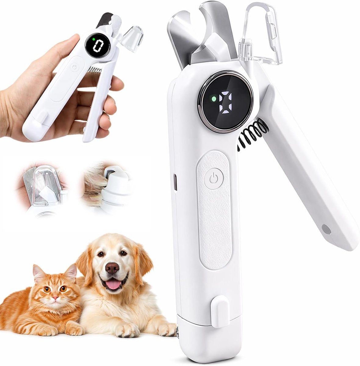 Bobypet - 2-in-1 Nagelknipper voor honden met licht & slijper, LED-nagelknipper voor honden & katten, nagelslijper voor honden, 3 standen, stil, opvangbakje, USB-C, nagelknipper voor huisdieren - wit