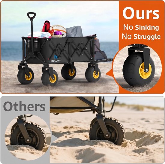 SnelShoppen - Opvouwbare Bolderwagen Strand, Inklapbare Transportwagen met Brede Banden, Zwart, Perfect voor Camping, Tuin en Familie-uitjes van Snelshoppen — afbeelding 4