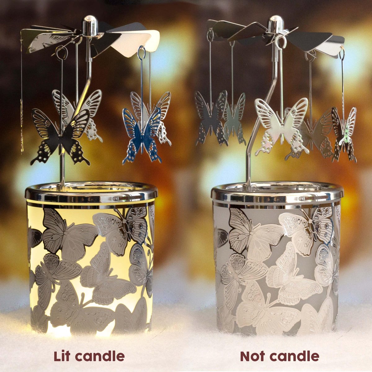 SnelShoppen - Roterende theelichthouder zilveren carrousel kaarsenhouders met vergulde liefde uil ginkgo sterren zeepaardje vlinder decoratie voor thu