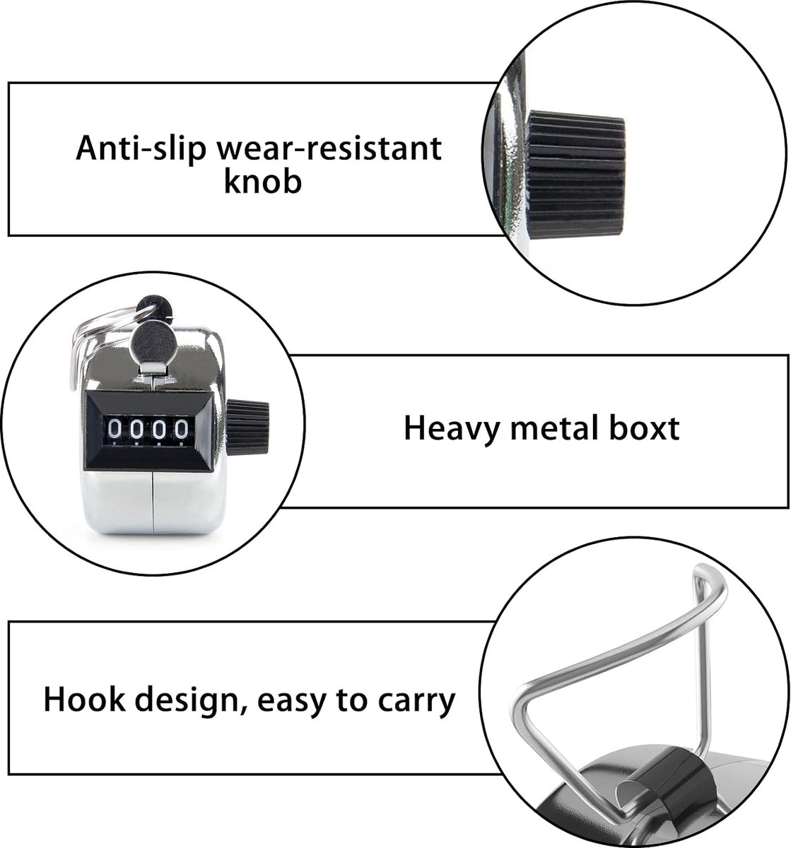 LISM-Set van twee handmatige metalen tellers, 4-cijferige teller, mechanische handmatige teller op batterijen, Geschikt voor gebruik door mensen, golf, roeien, weven, school, sport (zilver)