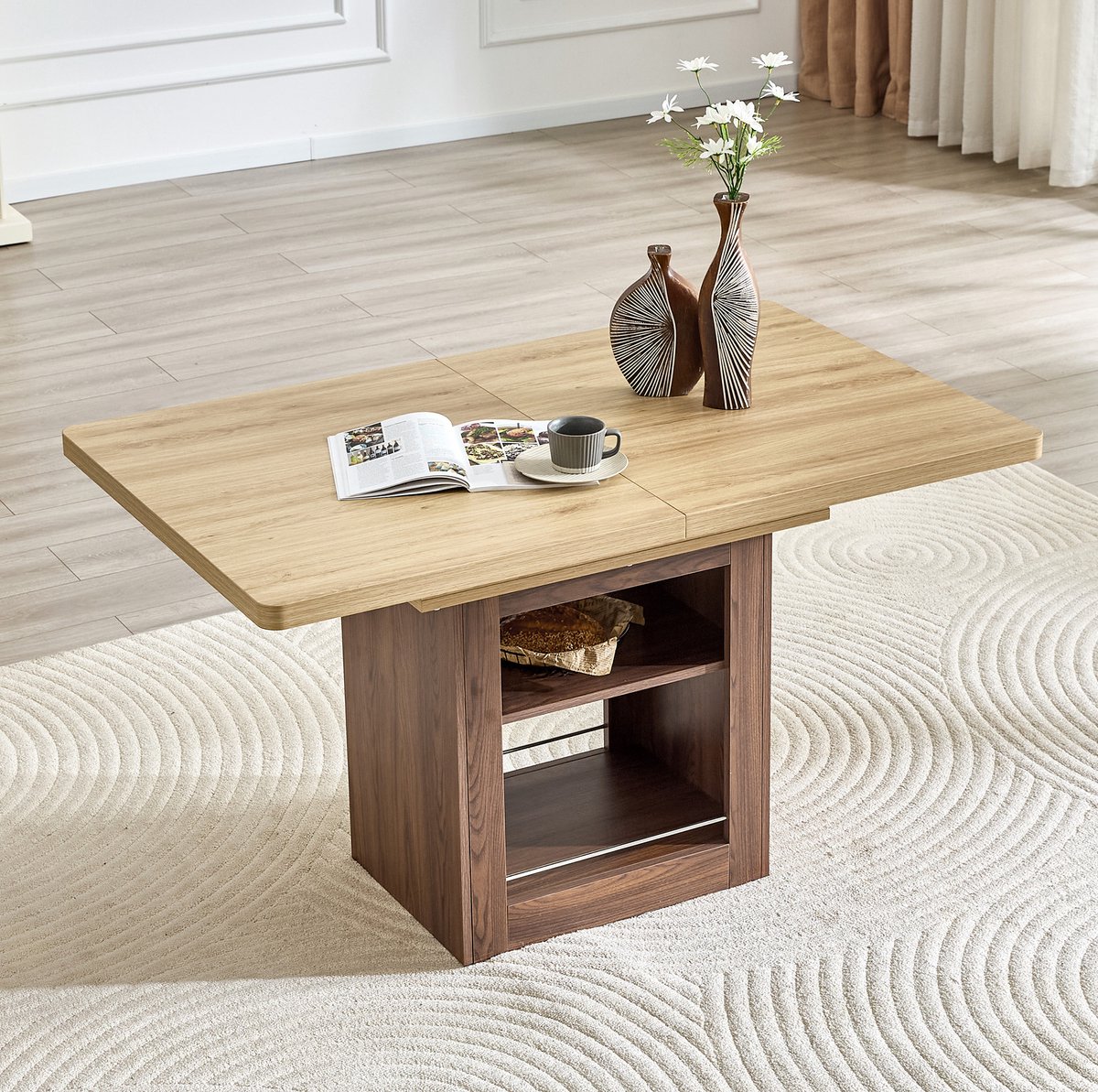 Uitschuifbare Eettafel Met Opbergruimte - Rechthoekig Voor Kleine Ruimtes - MDF - Natural