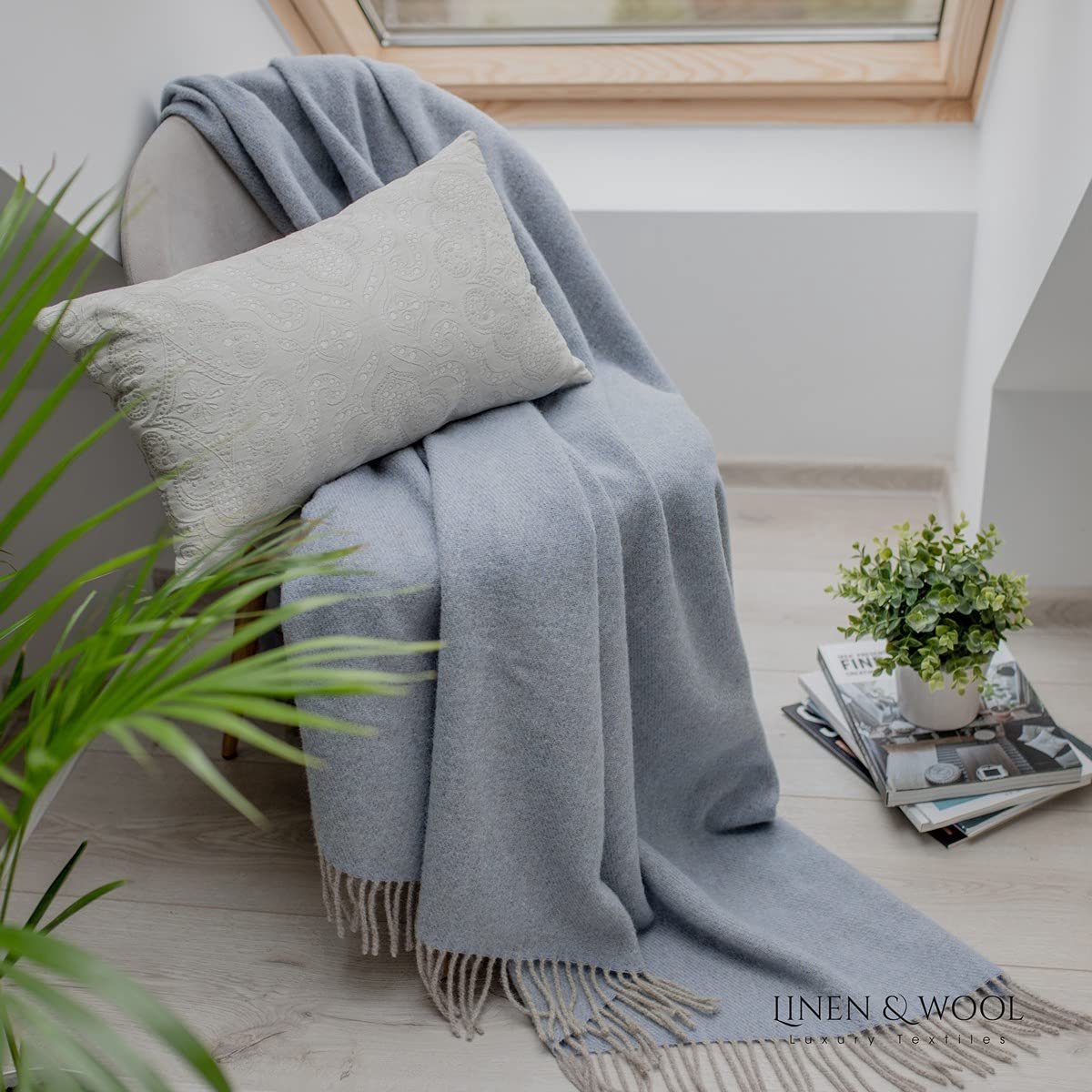 SnelShoppen - Warme Zachte Wollen Deken 100% Nieuw-Zeelandse Wol Beige Natuurlijk Blauw 140x200 cm Knuffeldeken Woondeken Plaid Gooi Sprei Winterdeken