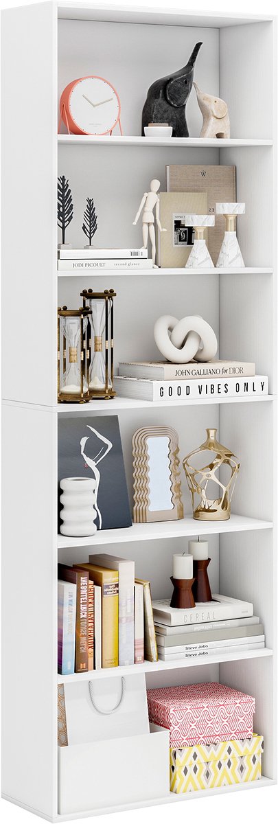 COSTWAY Boekenkast, 6 verdiepingen, vrijstaand, display plank met 2 kantelbeveiligingssets, open staand rek voor woonkamer en werkkamer 60 x 23,5 x 178 cm (wit)