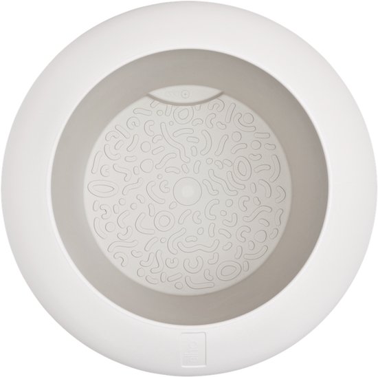 Bovenaanzicht van een lege, witte, gestapelde pot met 'elho' logo.