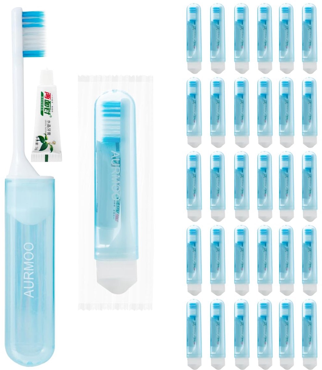 SnelShoppen - 30 x Reis Tandenborstels, Opvouwbare Wegwerp Tandenborstels met Tandpasta voor Camping, Vakantie, Kinderen, Handig en Compact