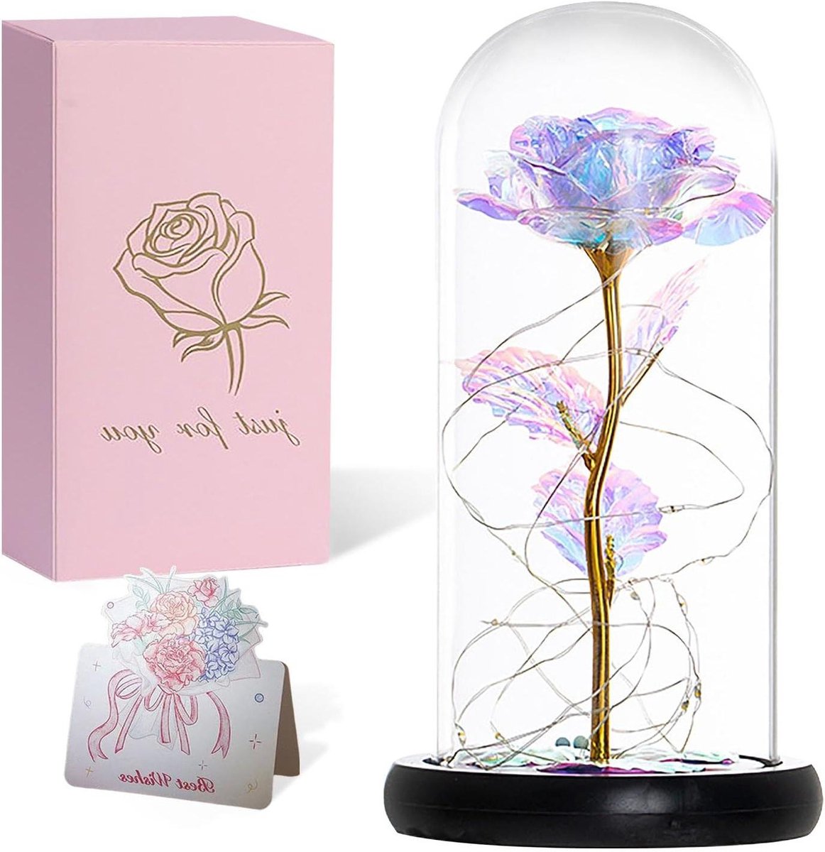 Kunstbloem met LED-verlichting - Eeuwige roos Decoratieve bloem - Romantisch cadeau - Beschermd in koepel - 1 stuk - Meerkleurig