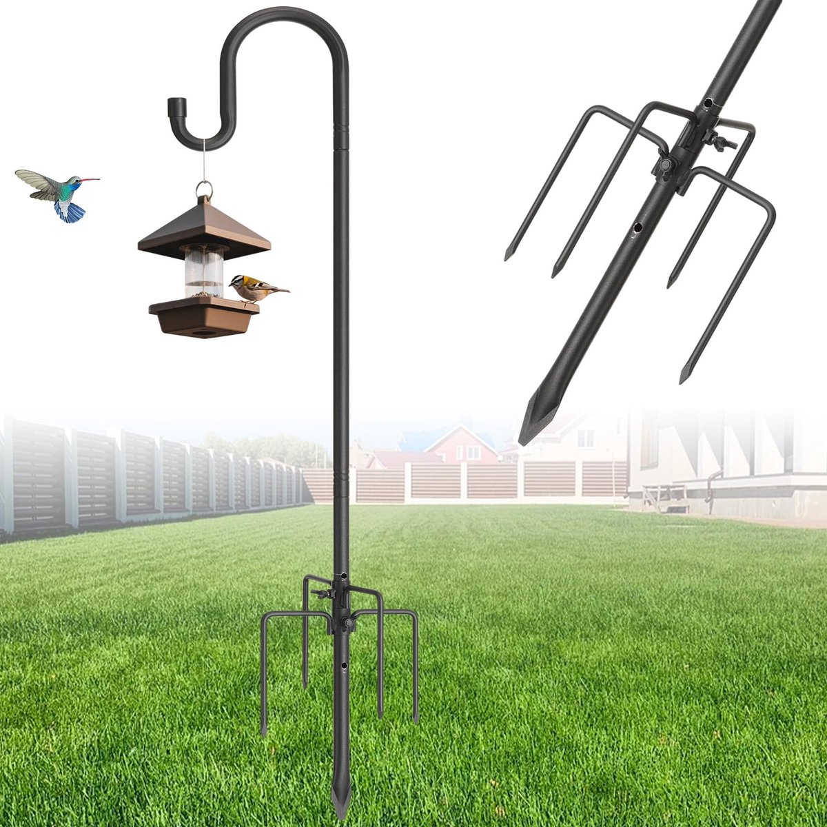 SnelShoppen - Herdershaak voor Tuin, Instelbare Vogelvoederdispenser, Zwart, 234 cm, Metaal, Lantaarnhouder met 5 Tanden, Hangend Station voor Bruilof