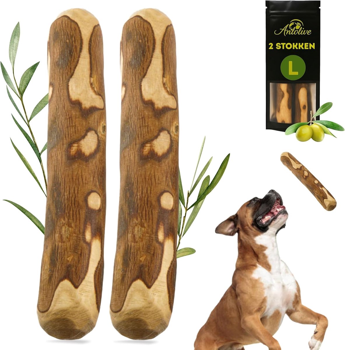 SnelShoppen - Set van 2 Natuurlijke Kauwstaven voor Middelgrote en Grote Honden - Olijfhout Maat L 20-23 cm - Sterk, Gezond, Veilig voor Tandverzorgin