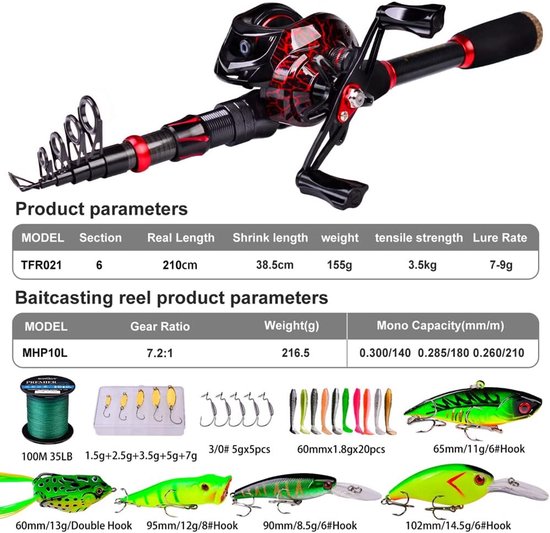 SnelShoppen - Hengel en Haspel Combo 7ft Telescopische Spincast Hengel met Linkshandige Baitcasting Reel, Zee en Zoetwater Visgerei Set voor IJs, Baar van Snelshoppen — afbeelding 3
