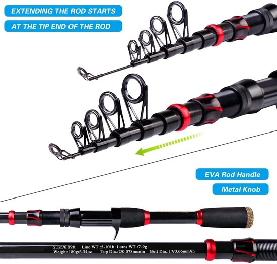 SnelShoppen - Hengel en Haspel Combo 7ft Telescopische Spincast Hengel met Linkshandige Baitcasting Reel, Zee en Zoetwater Visgerei Set voor IJs, Baar van Snelshoppen — afbeelding 4