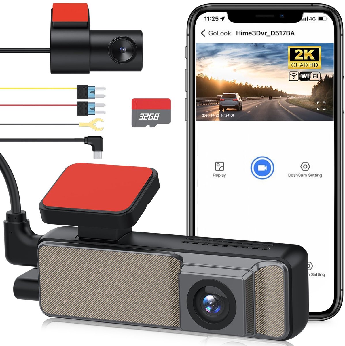 SnelShoppen - EYPINS Dashcam Auto Achter 2K + 1K, 5G Wi-Fi Mini Dual Camera, 32GB Kaart, F1.8-lens, WDR Nachtzicht, G-sensor, Parkeerbewaking, Loopopn