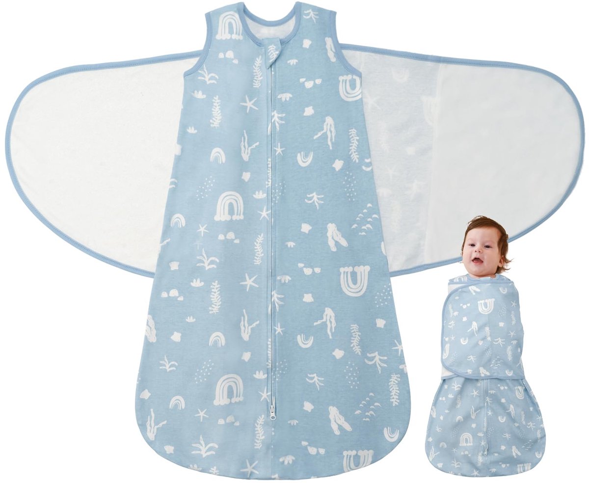 SnelShoppen - Baby Sleeping Swaddle Bag 1.0 Tog 3-in-1 Aanpasbare Stille Haak Baby Slaapzak 100% Katoen 0-6 Maanden, Seabed World, Ideaal voor Nieuwe