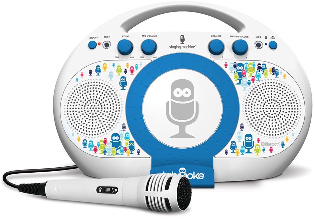 SnelShoppen - Karaoke-systeem iSM398BT met Bluetooth, microfoon, luidspreker, voor feesten, kinderen, thuisgebruik, blauw/wit, complete set