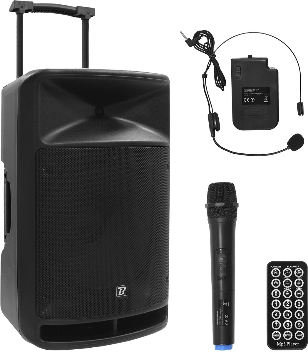 SnelShoppen - Draagbare Vrijstaande Luidspreker 800W met 2 Draadloze Microfoons, Bluetooth, FM-Tuner, SD- en USB-lezer voor Karaoke, Feest en Camping