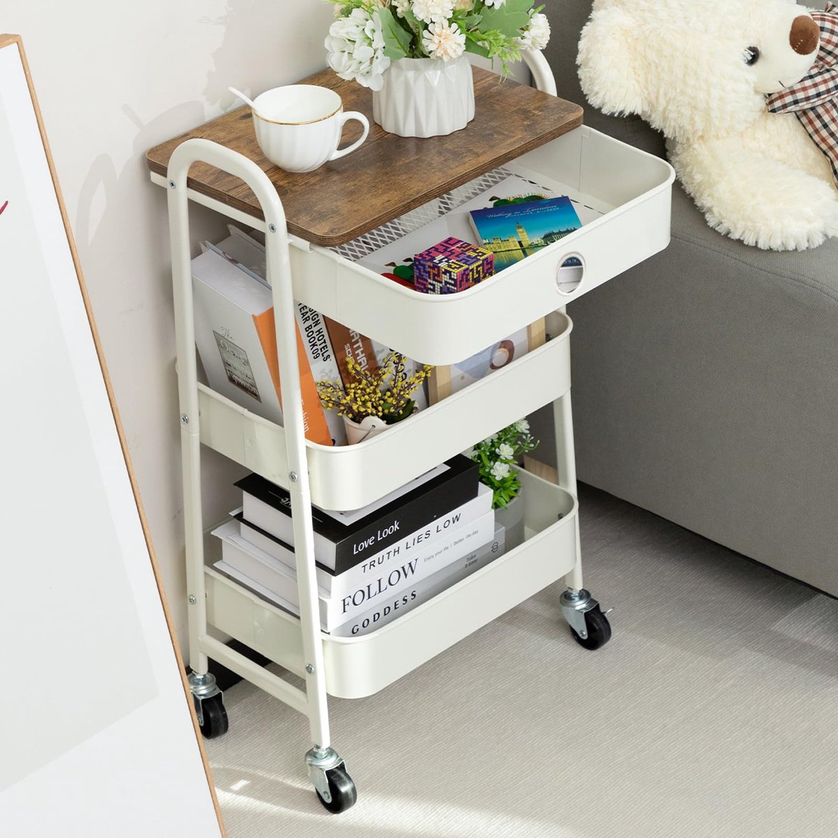SnelShoppen - Opbergwagen Rolwagen met Lade 3-Etages Metaal Utility Cart, Organizer Trolleywagen voor Keuken, Badkamer, Make-up, Kantoor - Wit