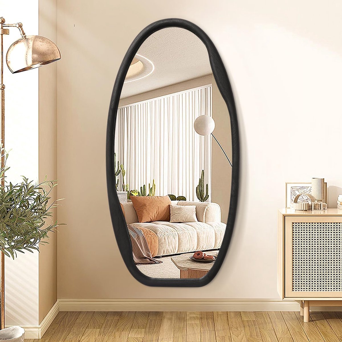 SnelShoppen - Onregelmatige Wandspiegel met Zwart Houten Frame 100 x 50 cm - Grote Asymmetrische Hangspiegel voor Woonkamer, Badkamer, Entree, Slaapka