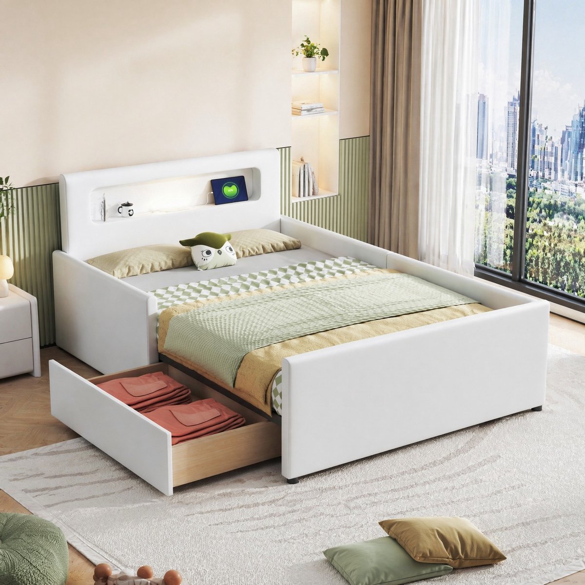 COVREO Kinderbed 213x97 cm – wit kunstleer, 90x200 cm, met opberglade, nachtlicht en USB