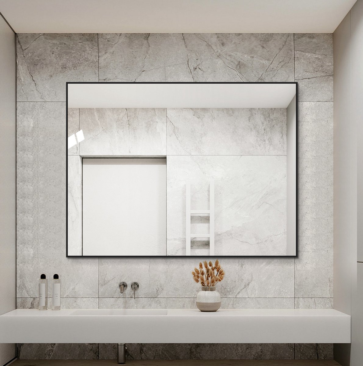 REDOM - Badkamerspiegel - Rechthoekig wandmodel met zwart aluminium frame - Horizontaal en