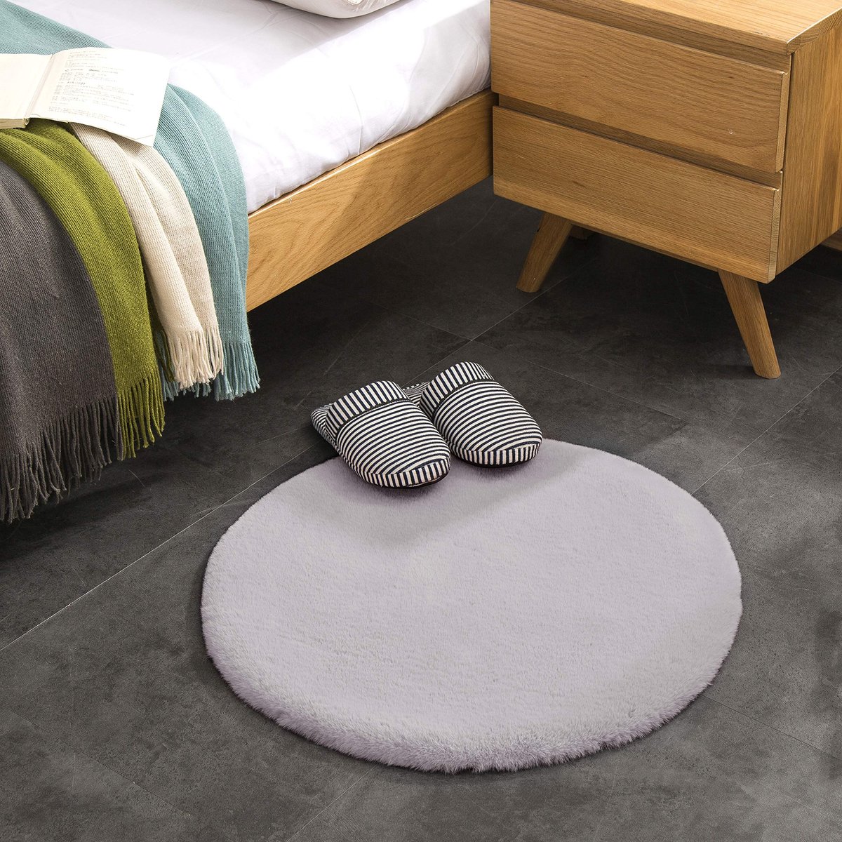 SnelShoppen - Pluizig Rond Tapijt Van Imitatiebont - Grijs Konijnenbont, Hoogpolig Bont-Tapijt Voor Woonkamer, Slaapkamerkleed 60cm