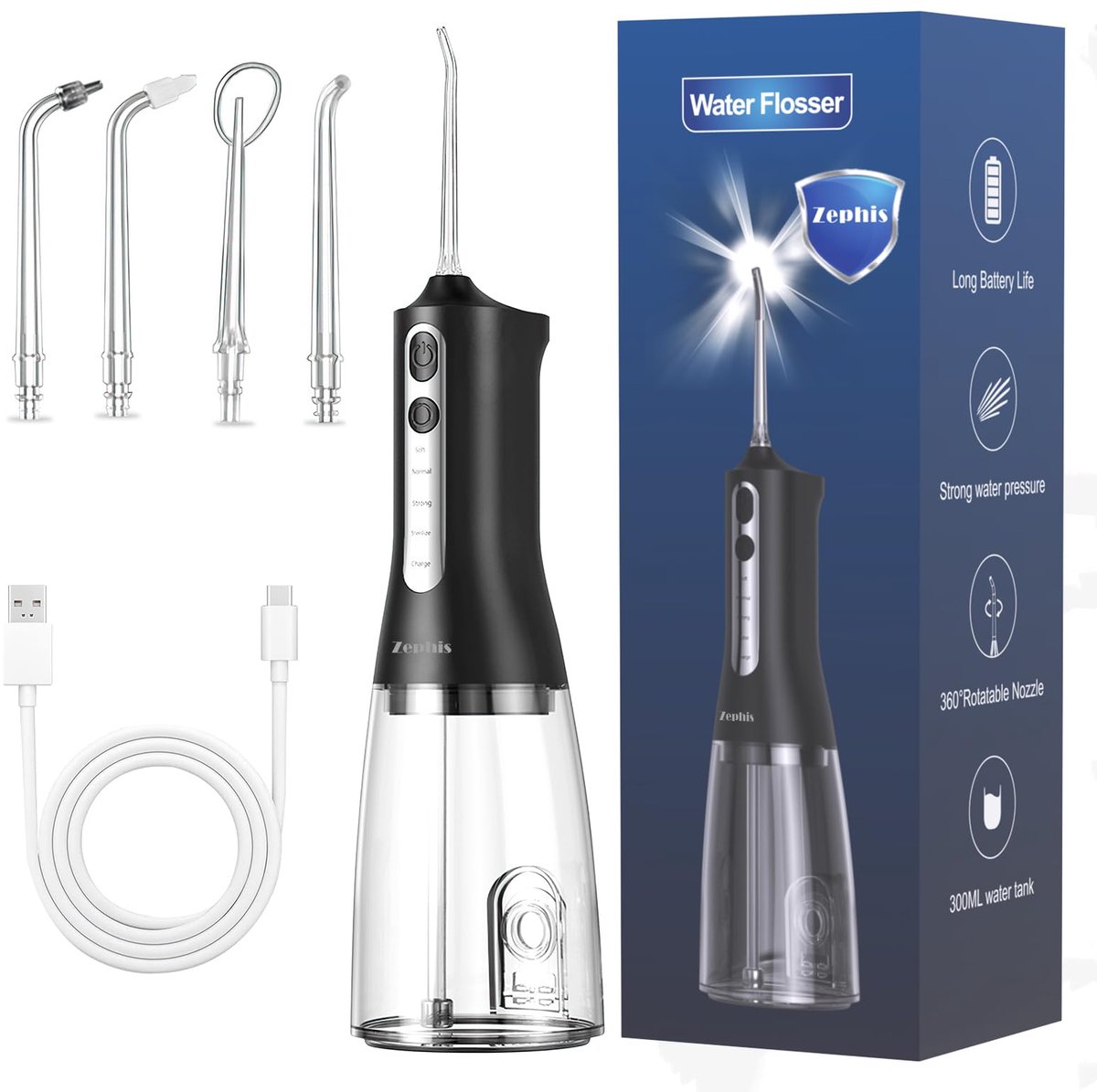 SnelShoppen - Draadloze Mondirrigator - 300 ml Waterflosser - Elektrische Interdentaalreiniger - 4 Modi en 4 Mondstukken - Oplaadbaar en IPX7 Waterdic