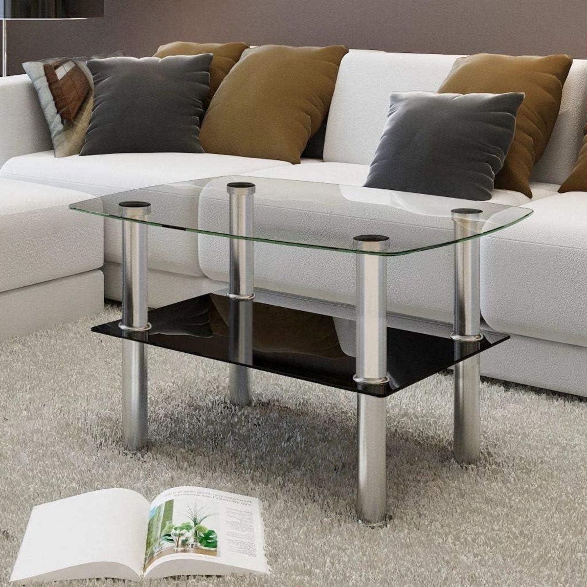Salontafel met 2 Planken - Bijzettafel Woonkamer - Opbergen Woonkamer - Gehard Glas - 65 x 45 x 43 cm