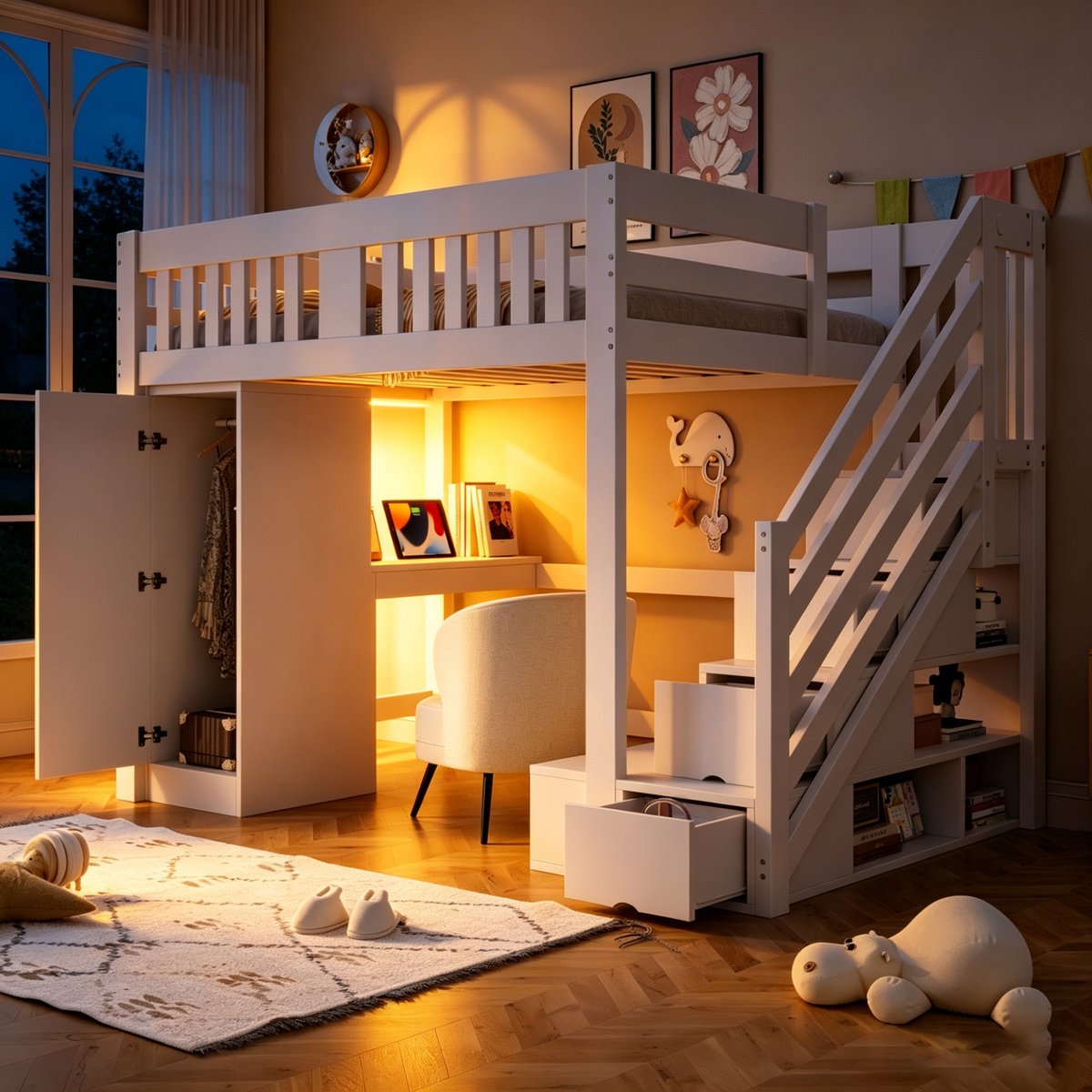 MODFU - Hoogslaper - Met Opbergtrap En Bureau - Met LED-Verlichting - Hout En MDF - Wit
