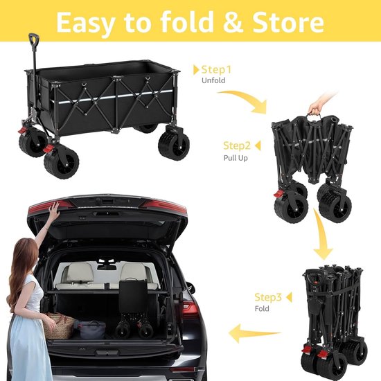 SnelShoppen - Opvouwbare Bolderkar met Wielen - Inklapbare Transportwagen 260 Liter - Zware Handwagen voor Winkelen, Tuin, Sport, Camping - Zwart van Snelshoppen — afbeelding 3
