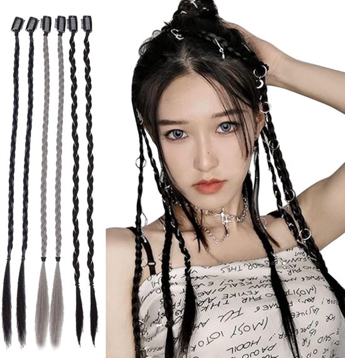 Haarextensies 48 cm | 6-delige set vlechten | Clip-in haarverlengingen | Natuurlijk synthetisch haarstukje