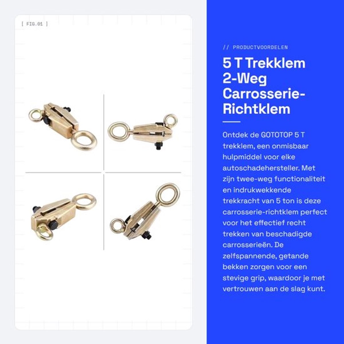 Trekklem 5 Ton - Twee-weg (Top & Straight) - Zelfspannende Reparatieklem - Chroomstaal - Compact en Lichtgewicht - Stevige Grip