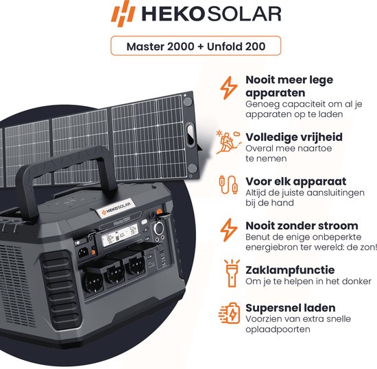 HEKO Solar Master 2000 powerstation met opgevouwen zonnepaneel. Iconen met teksten over capaciteit, vrijheid, aansluitingen, zonenergie en zaklamp.