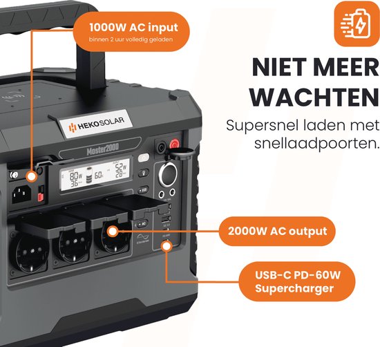 Close-up van zwarte powerstation met labels "1000W AC input" en "2000W AC output". "NIET MEER WACHTEN".