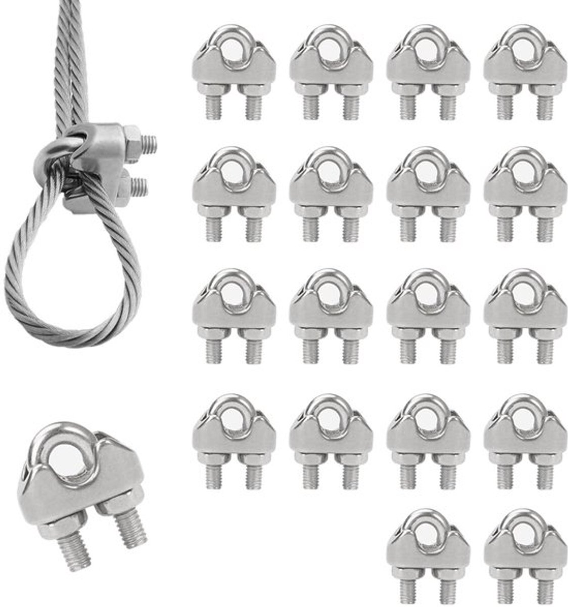 Draadkabelklemmen 18 stuks M3 Roestvrij Staal 304 voor Draadkabel - 3 mm Kabelklemmen voor Wasmolen en Luifel - Beugelkabelklemmen - Vastgezet.