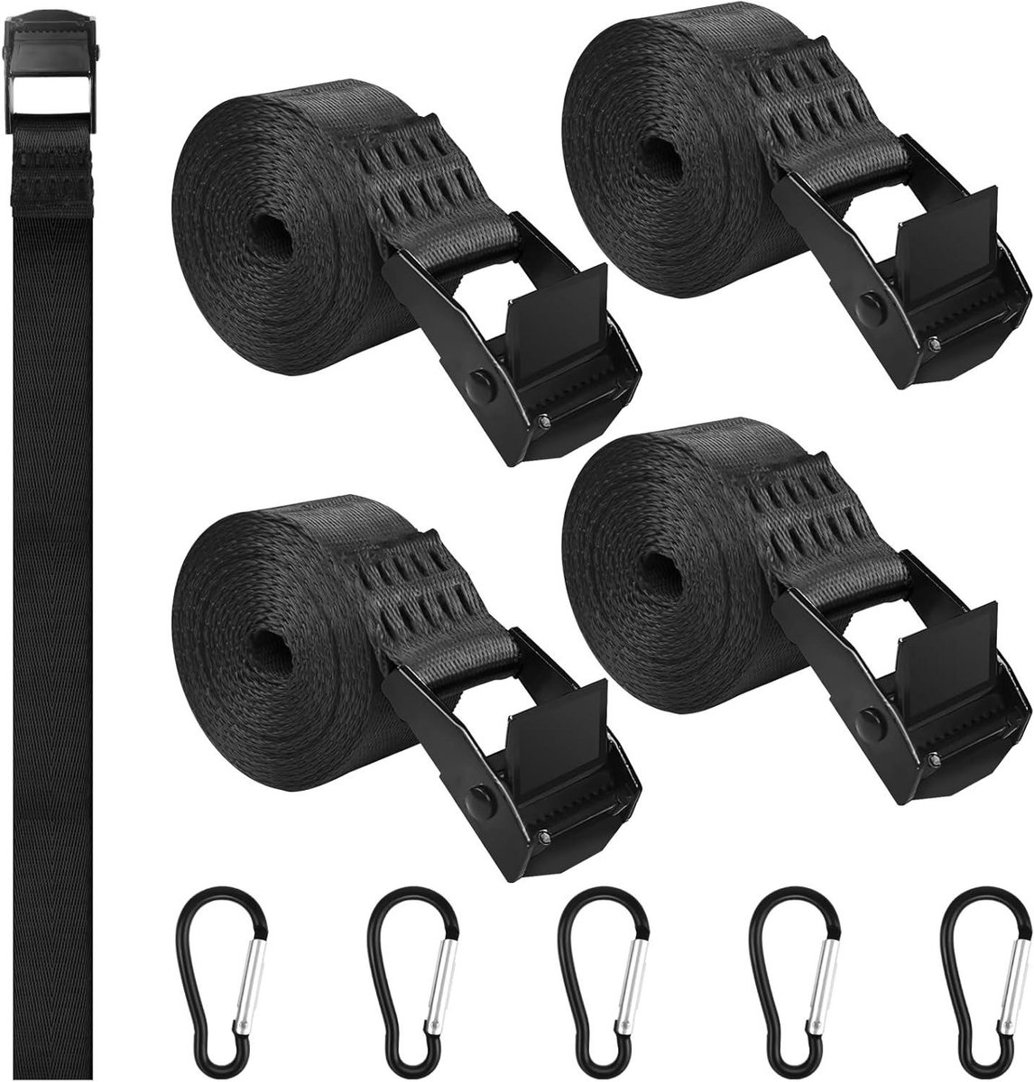 Spanbanden Set - Lading Zekeren - Transport Beveiligen - Met Karabijnsluiting - 5 Stuks 2 Meter - Zwart