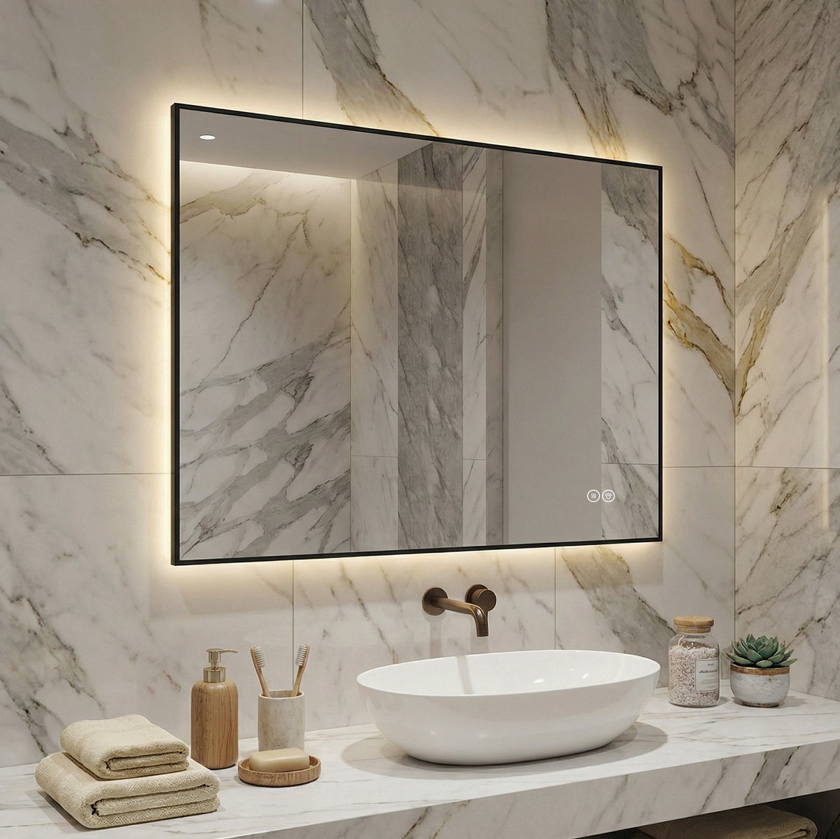 HAUSS SPOLE Spiegel – LED Achterverlichting En Anti Condens – 80 x 60 cm – Aluminium En Glas – Zilver – Wandspiegel Voor Badkamer – Dimbaar