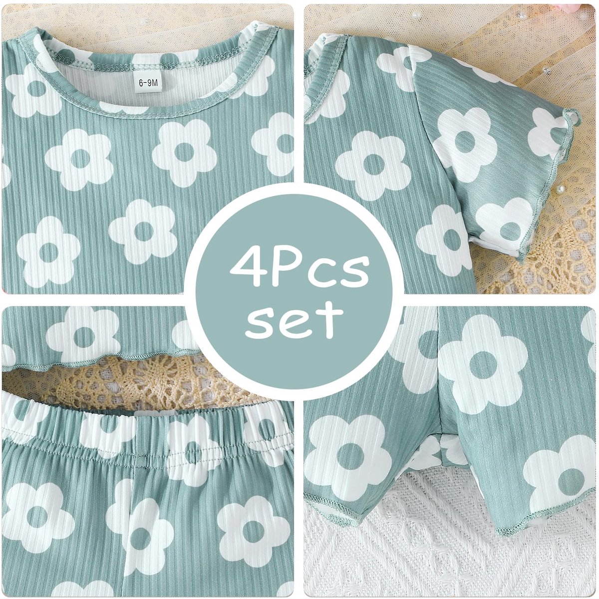 SnelShoppen - Kledingset voor Peuter Baby Meisjes, Ruches Geribbeld T-shirt Korte/Lange Mouw + Shorts Broek, 4 Stuks Schattige Outfits, 6-9 Maanden, Z