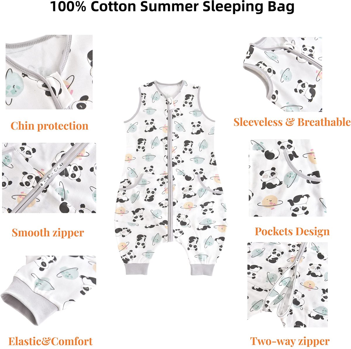 SnelShoppen - Babyzomerslaapzak met Voeten 100% Katoen, 0,5 TOG, Kinderzomerslaapzak met Pijpen voor Jongens en Meisjes, Panda Planet, 70 cm, Geschikt
