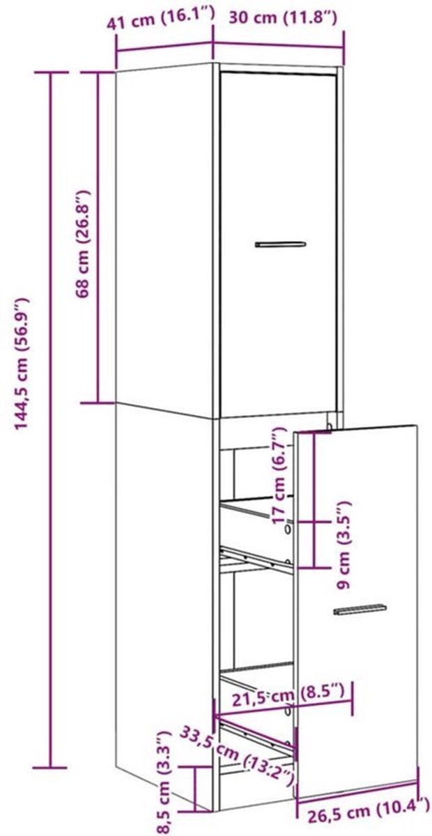 Apotheekkast – Medicijnkastje – Badkamerkast – Opbergkast – Houten Kast – Wit – 30x41x144,