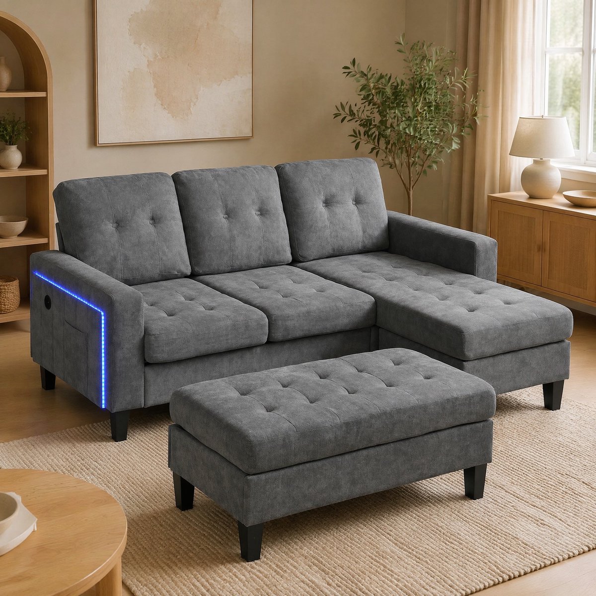 COVREO Hoekbank 185x135x85 cm - antiekgrijs chenille, met verplaatsbare voetenbank en slaapfunctie