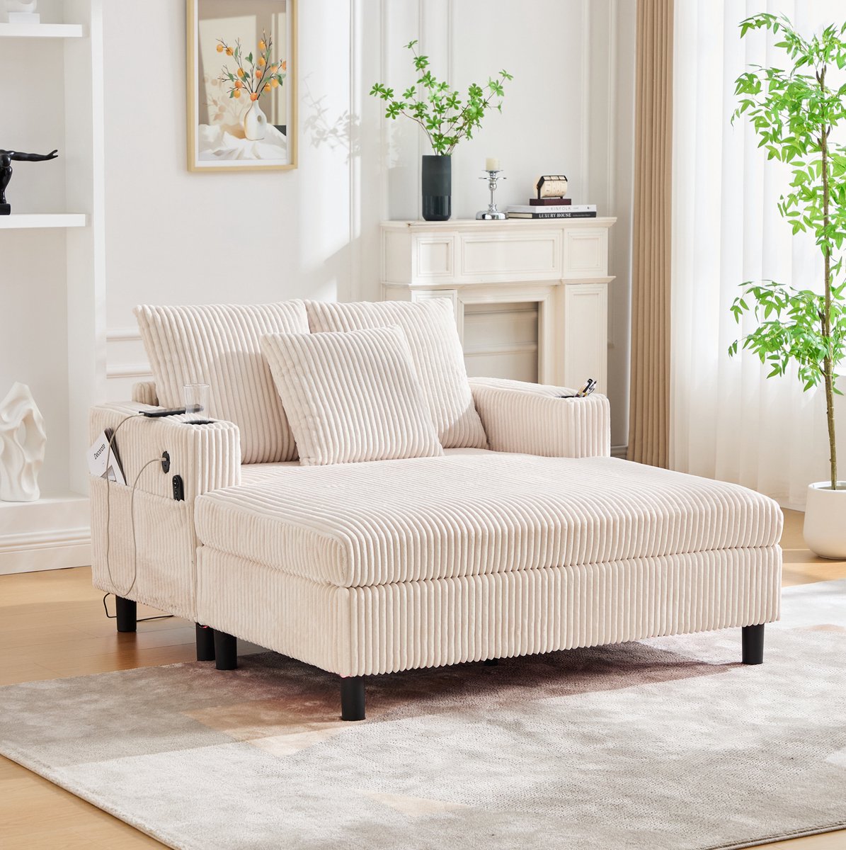 COVREO Chaise longue 142x128x85 cm - beige ribstof, met USB, bekerhouder en LED-verlichting