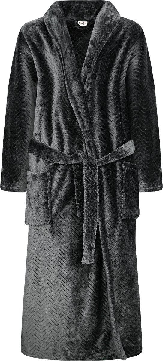 Unisex Badjas Extra Lang met Sjaalkraag en Ceintuur - Ochtendjas - Superzacht Coral Fleece - Heren Dames - Reliëf Visgraat Zwart - Maat XXL/3XL - 8212-Black