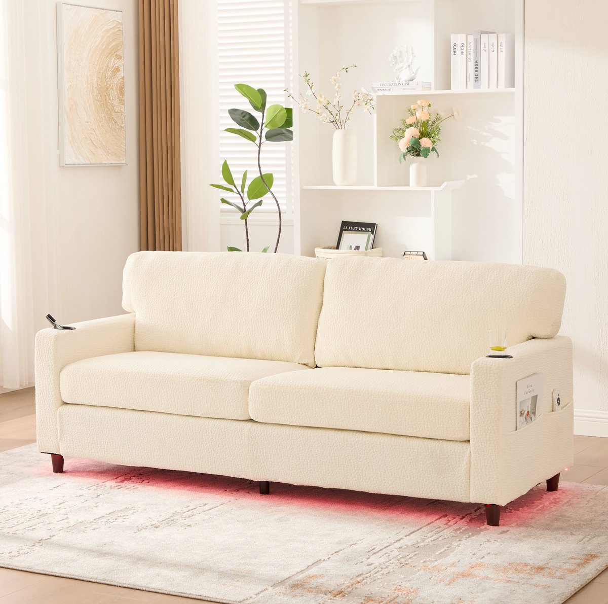 COVREO 2-zits bank 203x77,5x86 cm beige chenille met USB-C, LED-verlichting en bekerhouders